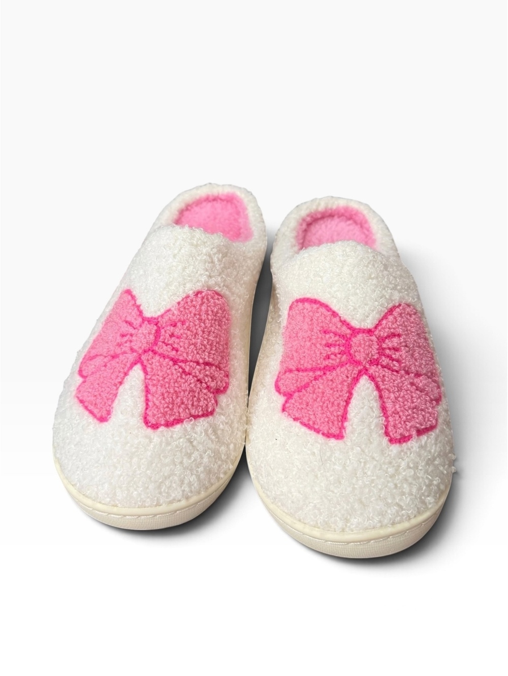 Bobbie Brooks Ladies Slippers M 7-8 Pink Bow White Fuzzy Coquette NWT